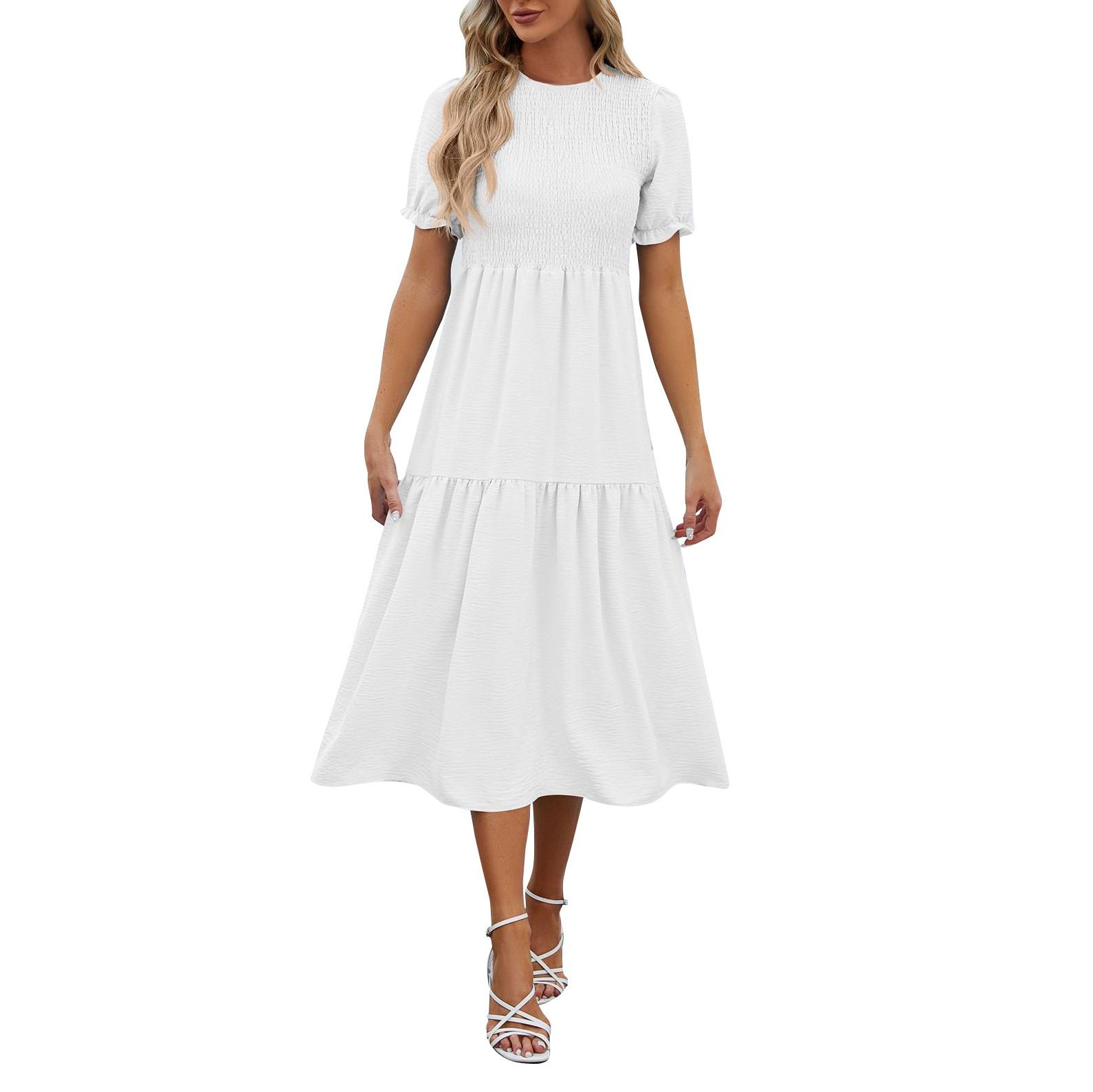 

Весенне-летнее новое однотонное женское платье с круглым вырезом и короткими рукавами XL белый