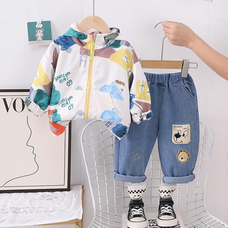 

0-5 лет Комплект с длинными рукавами для мальчиков Детская куртка с граффити Повседневная Джинсовые брюки Комплект из двух предметов Детская одежда для мальчиков XXL белый