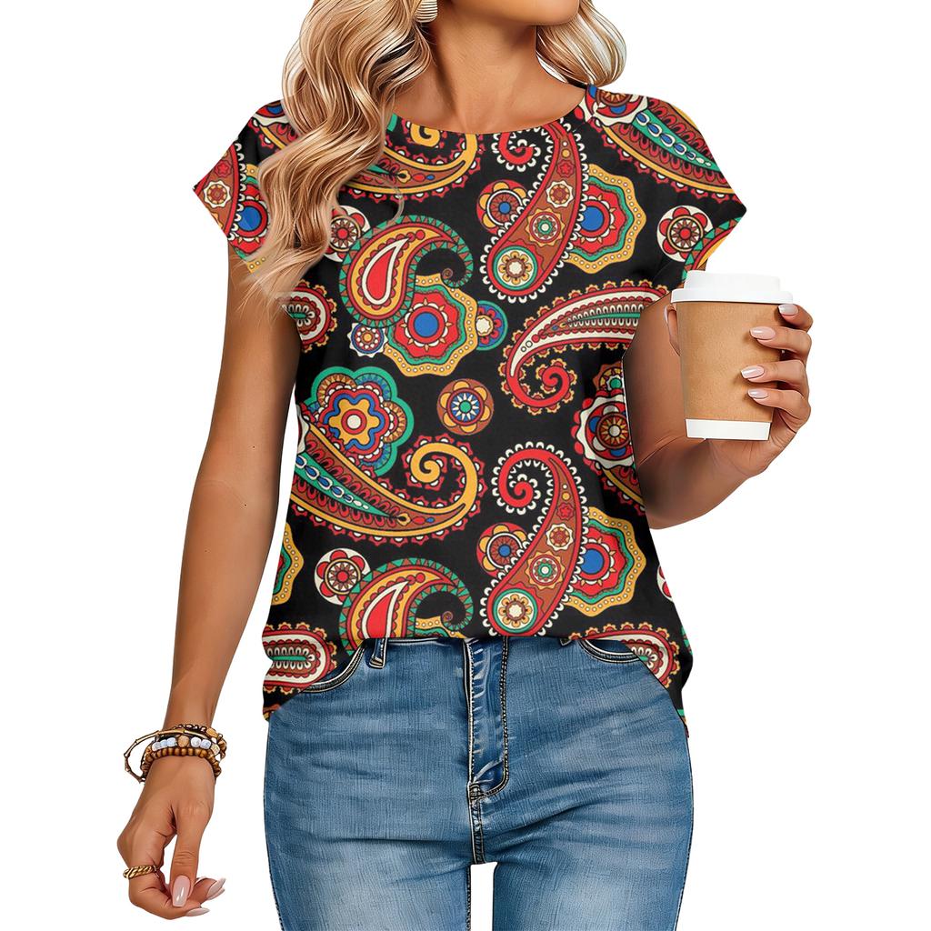 Women's Loose-Fit Fashionable Casual Vintage Print Cap-Sleeve T-Shirt Top