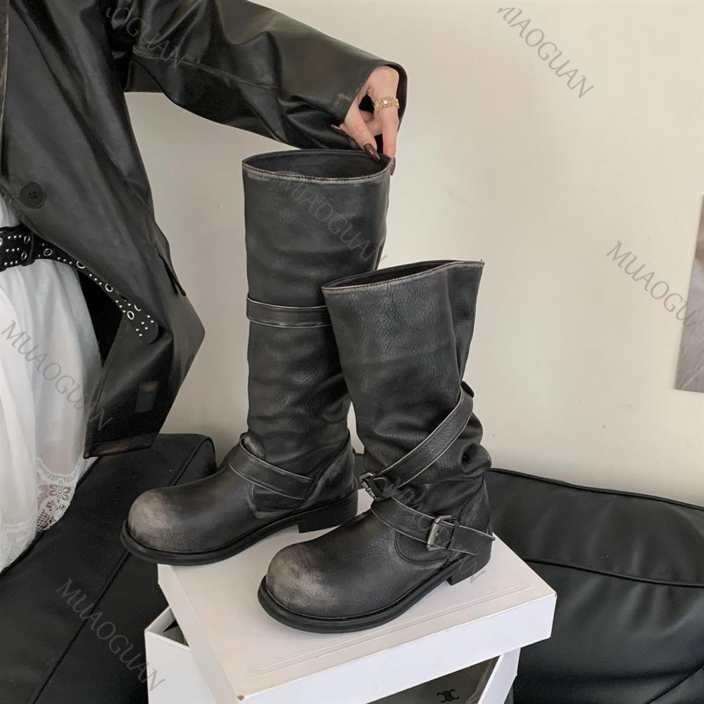 Women Western Thigh High Boots Chunky Heel Round Toe Leather Slip On Knee High Knight Boots With Belt Buckle For Spring Autumn