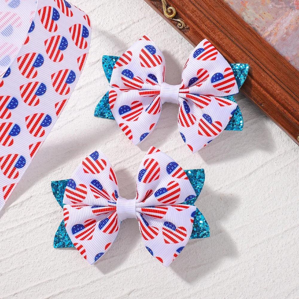2pcs/set Independence Day Hair Bows Clips for Women Girls Glitter Star Ribbon Bowknot Hairpin American Flag Hair Accessories