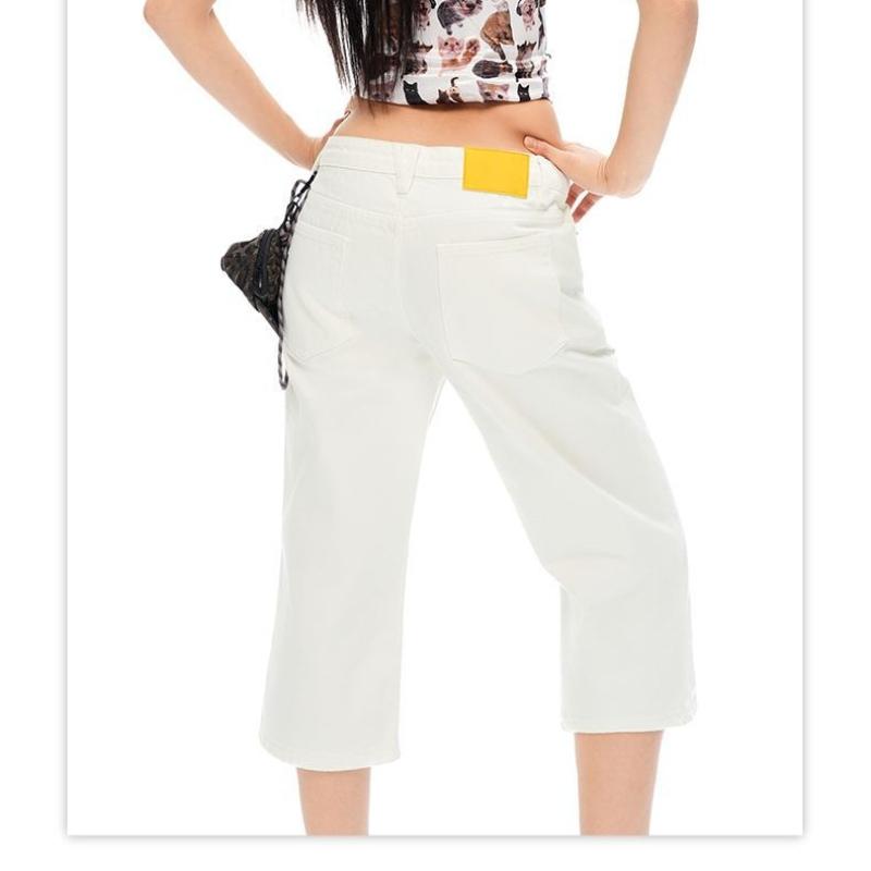 Trendy Summer Low Rise Raw Wash White Denim Cropped Capri Pants For Women Slim Straight Versatile AllMatch Casual Bottoms