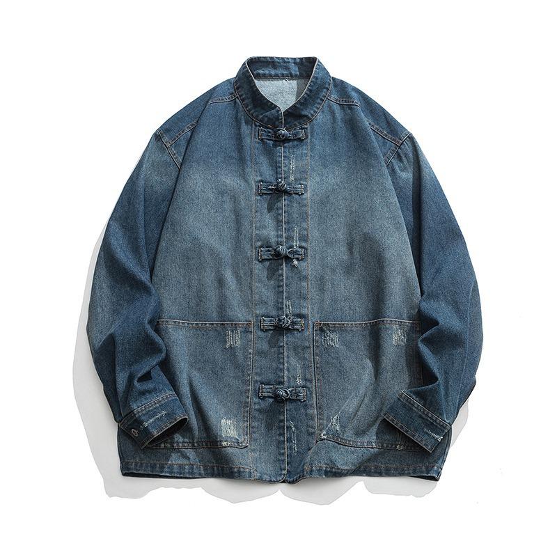 2025 Men's Vintage Washed Denim Tang Suit Jacket with Stand Collar