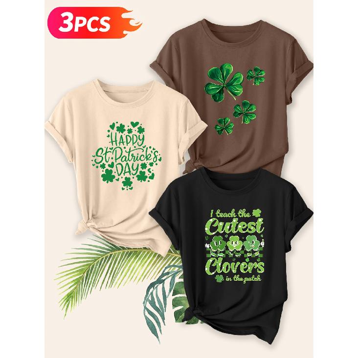 Three-piece set Elegant short-sleeved shirt for women St. Patrick's Day Clover Print Round Neck Women's T Shirt Suitable for spring