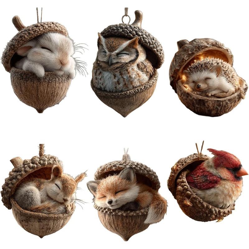 6pcs Forest Animal Acorn Ornaments – Cozy Forest Christmas Ornaments, 2D Acrylic Pine Cone Hanging Ornament Home Party Décor