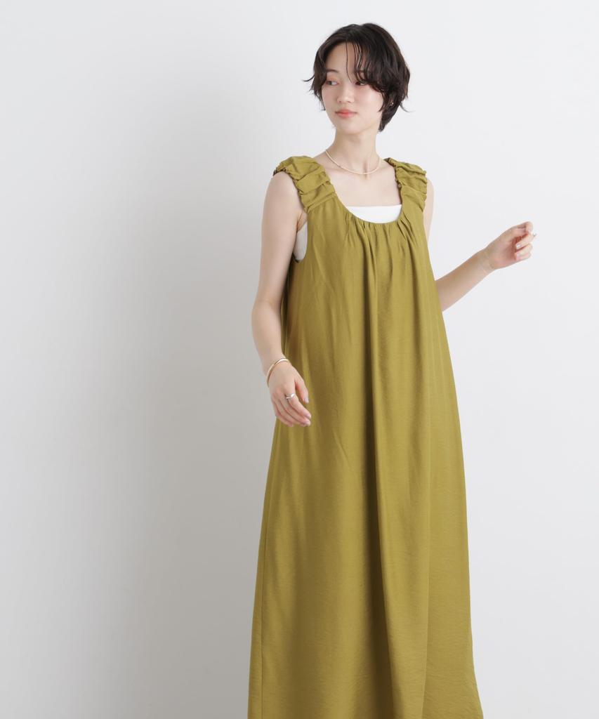 Gathered Sleeve Flare Size F [Nano Universe] Dress, Women's, 140, Green, 673-6119324