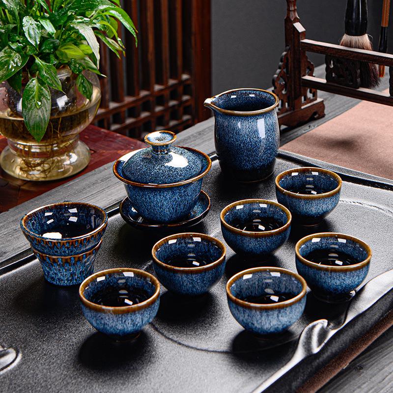 Song Dynasty Jun kiln teapot Gulan silk kiln change glaze tea set Tianmu ceramic Jun porcelain Kung Fu tea set teacup set