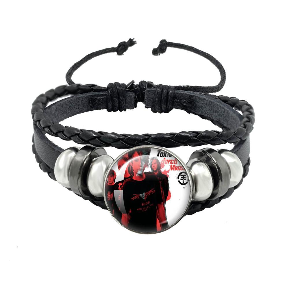 Pop Retro Rock Band Tokio Hotel Bill Kaulitz Band Black Rope Button Glass Cabochon Leather Bracelet Jewelry Charm Fans