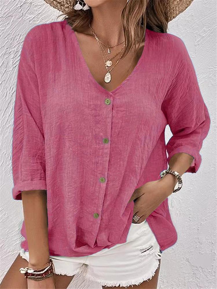 Women's V-Neck Seven Sleeve Loose Fit Shirt Multiple Colors