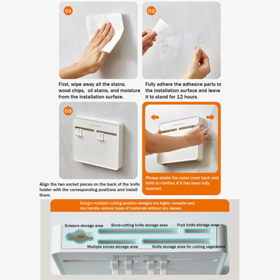 Wall-Mounted Knife & Utensil Holder No-Drilling Adhesive Rust-Resistant Knife Rack for Knives Spatulas Space-Saving Kitchen Organizer with Ventilated