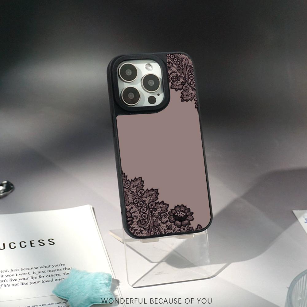 

Art Lace print Black pattern design Phone Case for iPhone 17 16 15 14 13 12 Pro Max Sheepskin Carbon fiber protective case iPhone 14