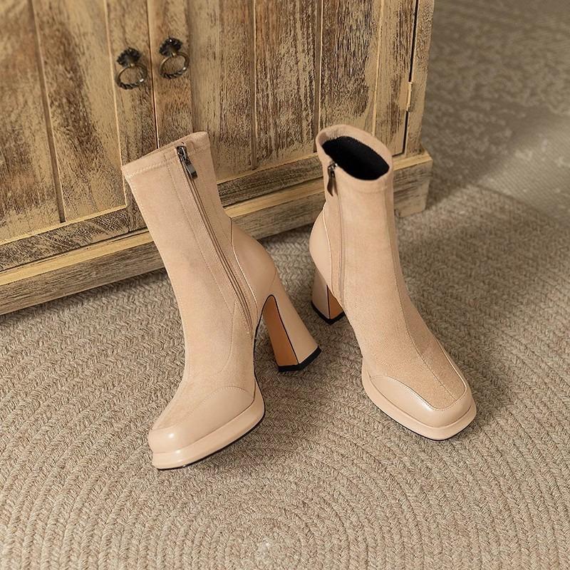 Chunky Heel Short Boots for Women Autumn Winter Splicing Waterproof Platform Skinny Boots Suede Temperament High-heeled