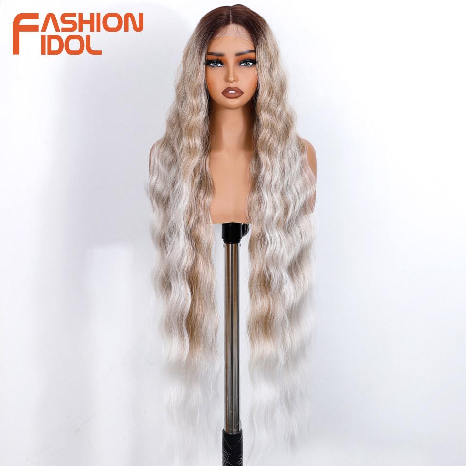 

FASHION IDOL 36inch Body Wavy Lace Front Wigs Synthetic Curly Hair Wavy Part Lace Wigs For Women Ombre Blonde Soft Cosplay Wigs (as the picture,150%&36inches-90cm&Lace Front)