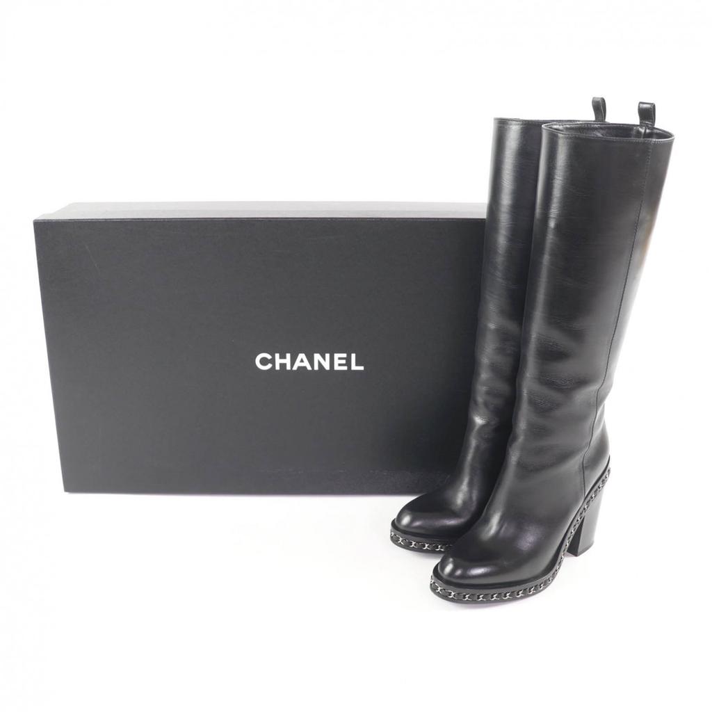 Great CHANEL Knee-high boots black leather Women 36 G30379 Used