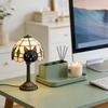 Resin Cat Table Lamp with Stained Glass Style Shade Vintage Decorative Lighting Fixture for Living Room Bedroom Office Study