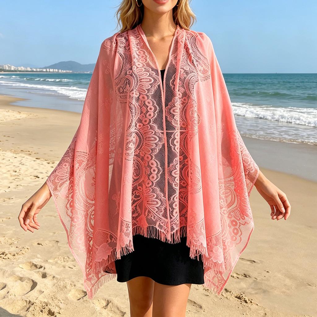 Women's Lace Shawl Fringe Cover Up Hollow Out Sheer Poncho Sun Protection Wrap for Travel Beach Holiday