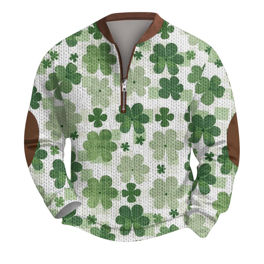 Mens Christmas Sweater Zip Up Sweatshirts Vintage Knit Graphic Sweatshirt St. Patrick's Day Stand Collar Pullover