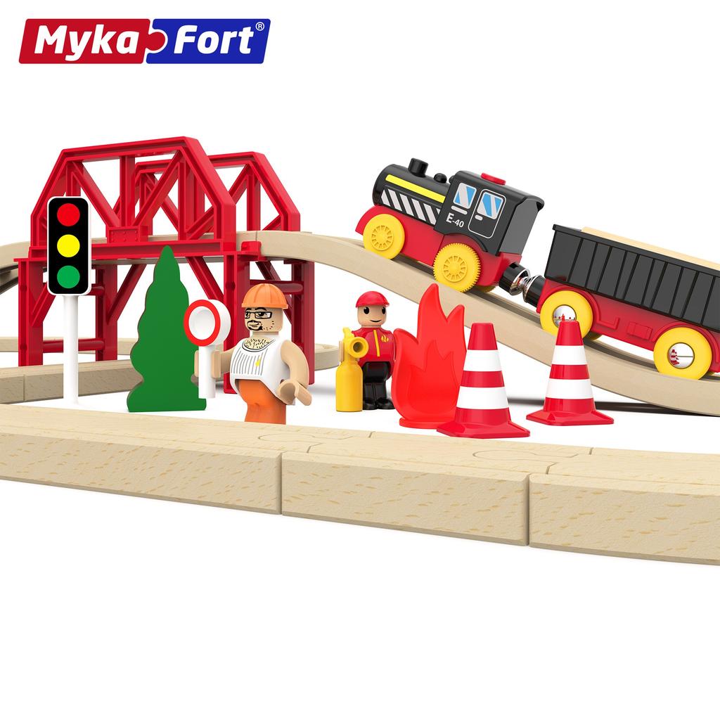 Educational Wooden Toy Rail Car Children Diy Fire Forest Track Bridge Suit Thomas Train