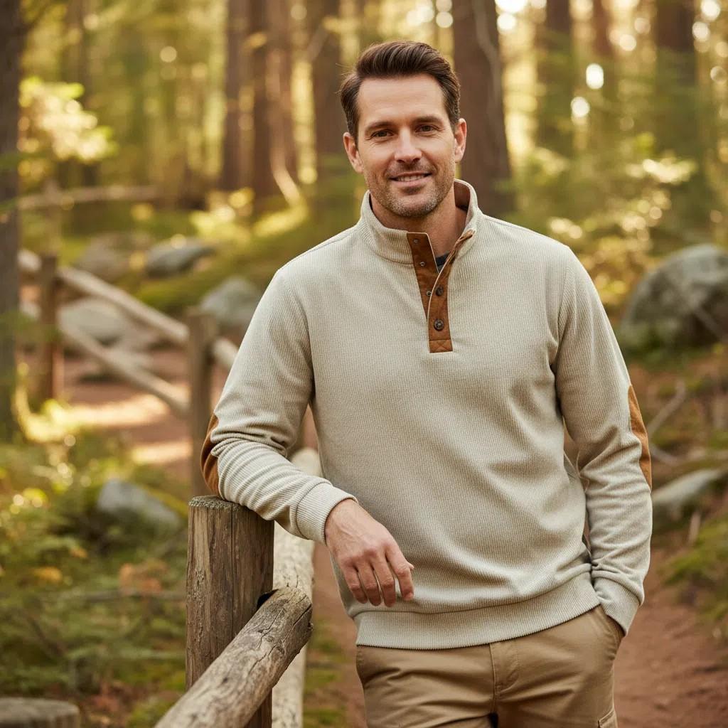 

Мужской черный свитер в рубчик с коричневыми кожаными акцентами - Осенний стиль для ношения на улице 3XL белый