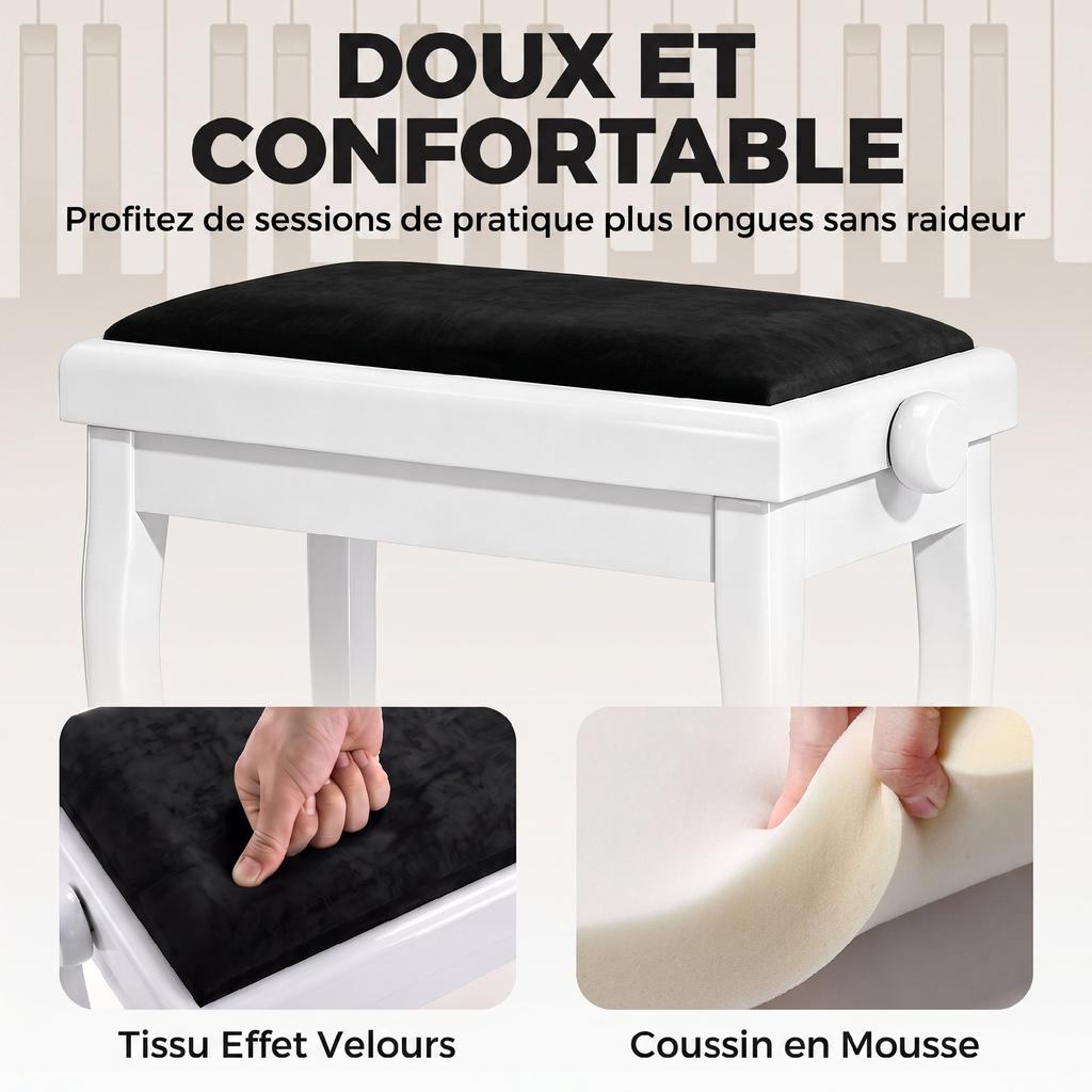 Piano Bench, Height-Adjustable, 45-56 cm, Velvet-Upholstered Seat, White