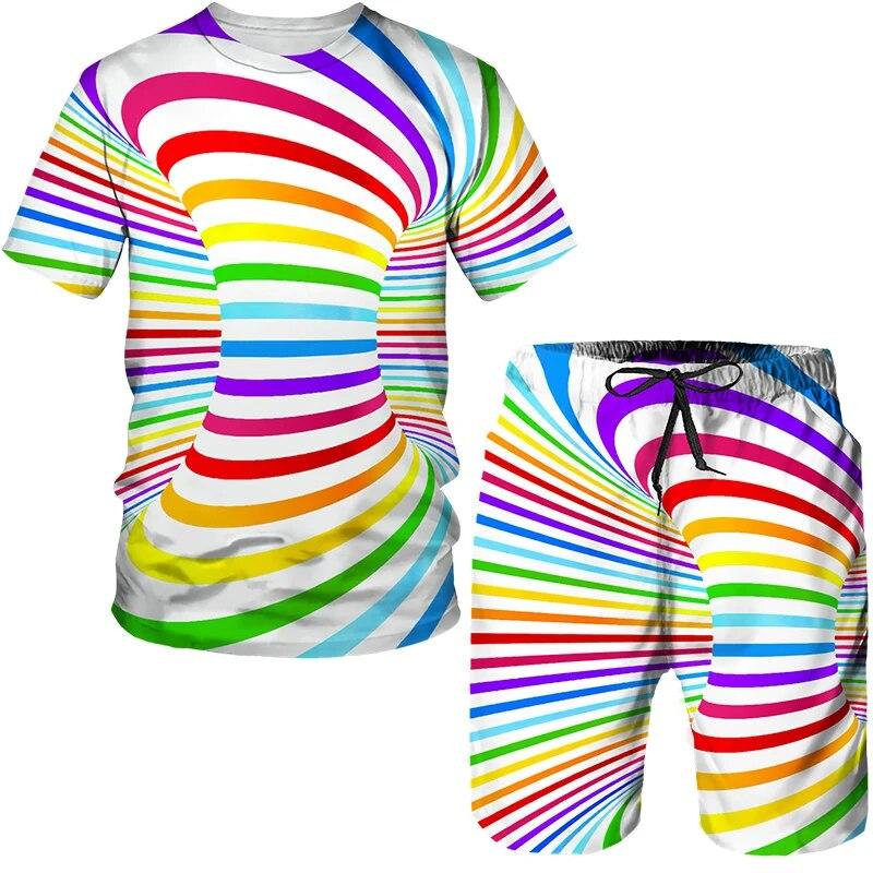 Abstract Pattern Men's Tracksuits Geometric 3D Print T Shirts/Shorts/Sets Hip Hop Streetwear Harajuku Couple 2 Piece Outfits