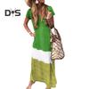 Women's Summer Long Dress Patchwork V-Neck Loose Maxi Dress Casual Short Sleeve Beach Vacation Sundress