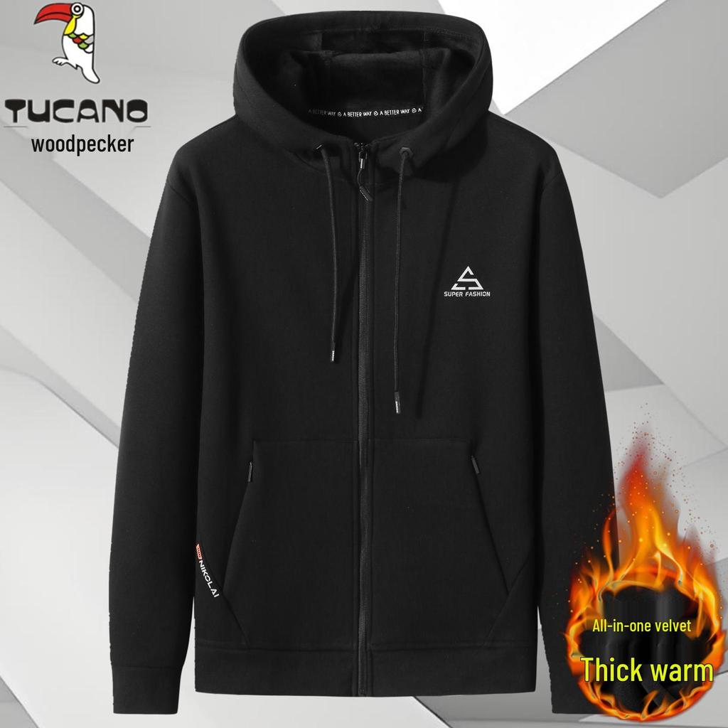 Men's Woodpecker Plus Red Knit Velvet Hoodie Jacket - Plus Size, Thin Fleece, Autumn/Winter Sports Cardigan