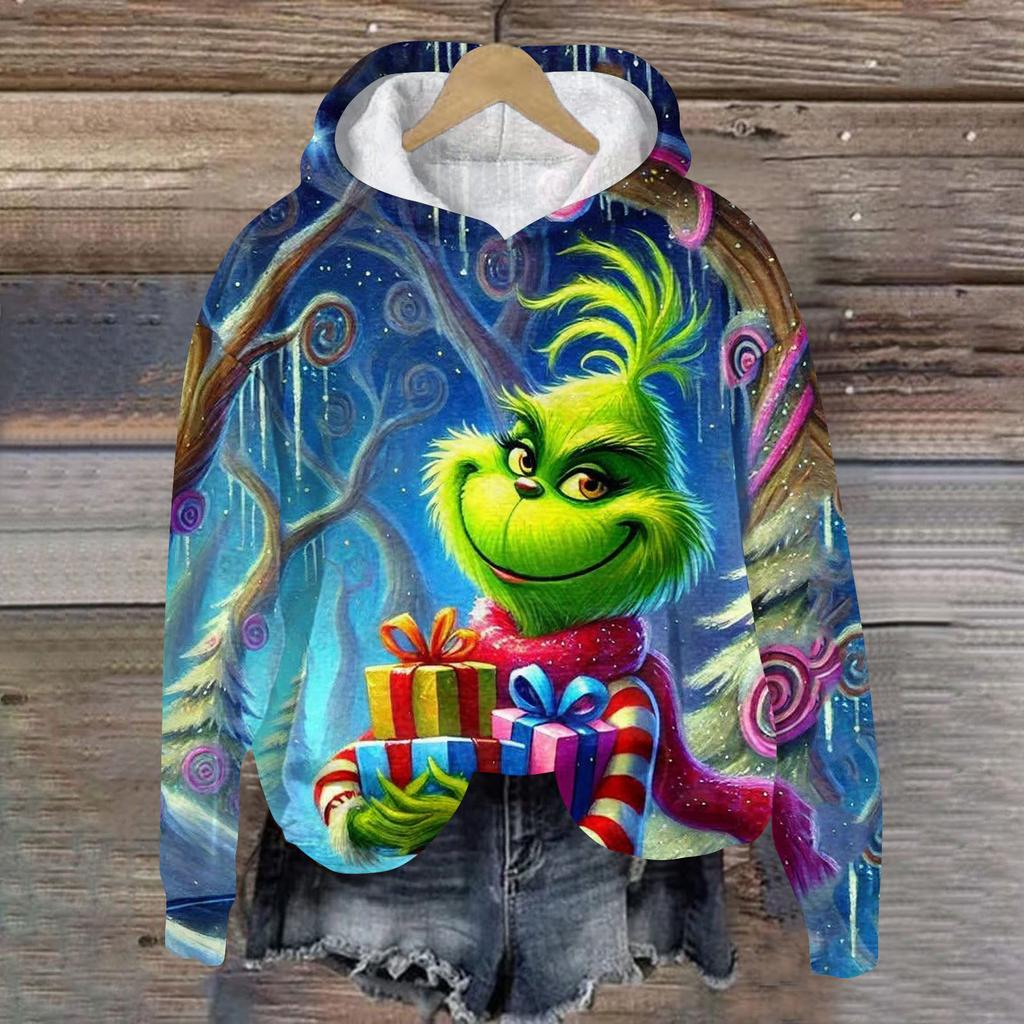 Ladies' Christmas Greentown Print Casual Long Sleeved Hooded Sweatshirt Top