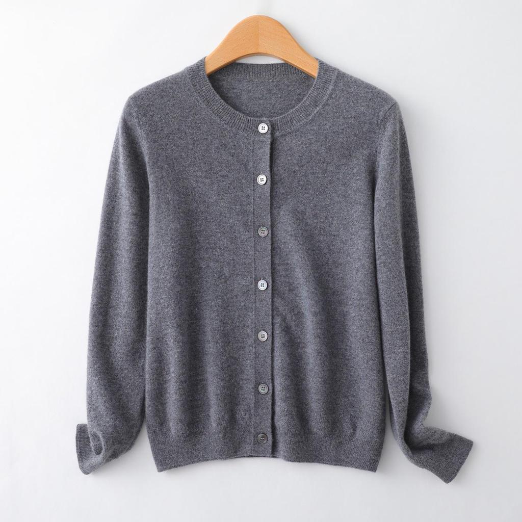 Autumn/Winter Pure Cashmere Women's Gray Round Neck Cardigan - Loose Knit Long Sleeve Sweater