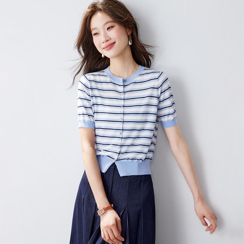 Srcr Women's Striped Knit Cardigan with Mulberry Silk