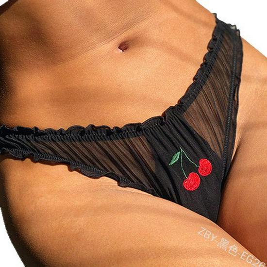 European & American Breathable Mesh Ruffle Low-Rise Lace Thong - Sexy Seamless Women’s Underwear M чёрный