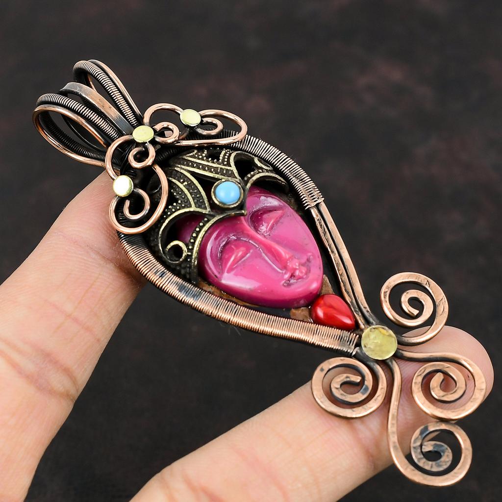 Pink Carved Bone Face Gemstone Pendant Copper Wire Wrapped Pendant Italian Coral & Turquoise Pendant Handmade Copper Jewelry Engagement Gift