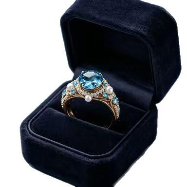 New European and American, ring inlaid with sea blue zircon versatile Internet celebrity women's jewelry, fashionable small