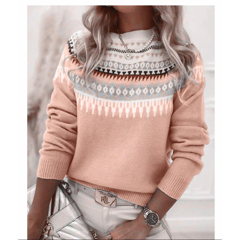 Women's Round Neck Colour Blocked Loose Fit Fashion Pullover Knitwear Luxurious Relaxed-fit Slimming and Versatile Top