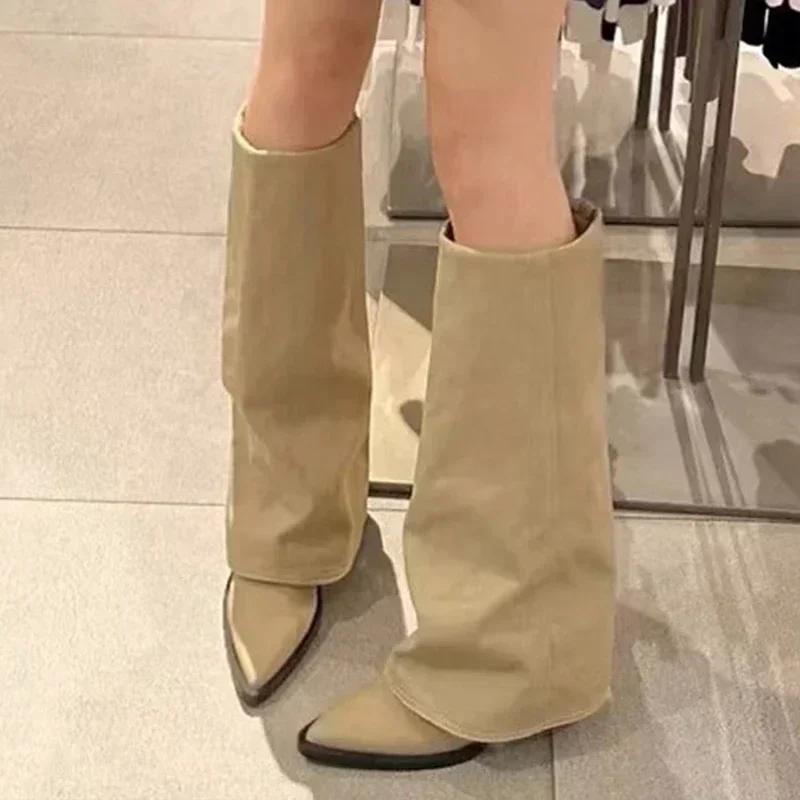 Fashion Knee High Heels Women Boots Leather Chunky Fashion Shoes Pointed Toe Snow Long Boots New Designer Pumps