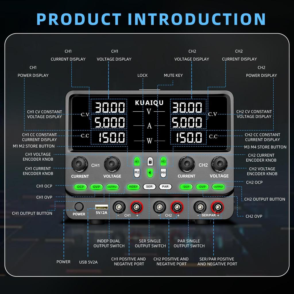 Dual Channel Power Supplies KUAIQU 30V 5A 4 in 1 Indep series parallel OCP & OVP Data storage Panel lock, output switch, encoder knob SPPS305-2KD