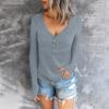 Womens Long Sleeve V Neck Button Casual Tops Ribbed Color Shirts