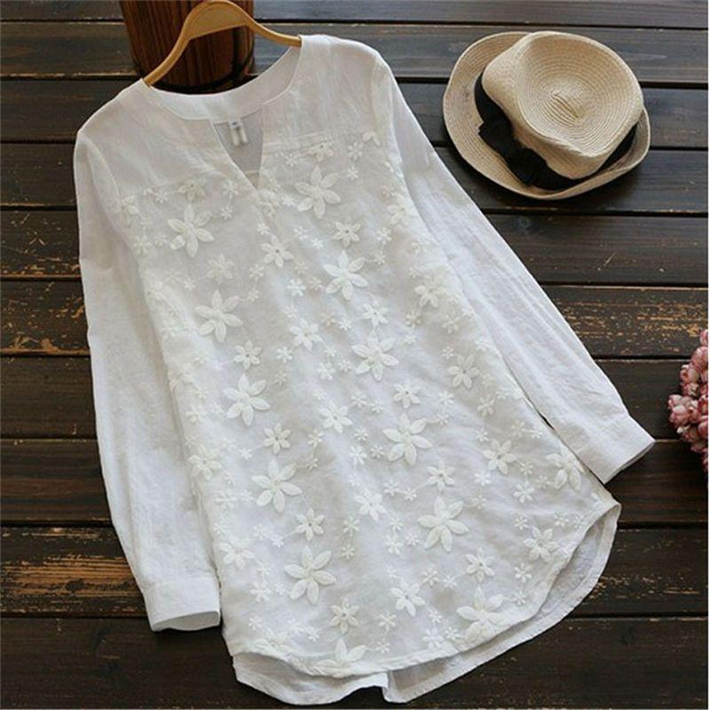 

Women s Cotton Linen Embroidered Long-sleeved Pullover Shirt Pear Shaped Body Loose Versatile Casual T-shirt Top S білий