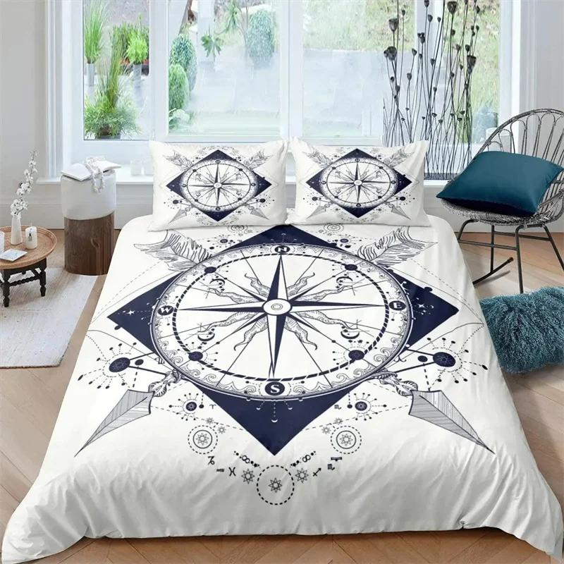 Duvet Cover Compass and Wind Rose Nautical Theme Voyage Words Decorative Bedding Blue White Room Decoration for Women Men Gifts
