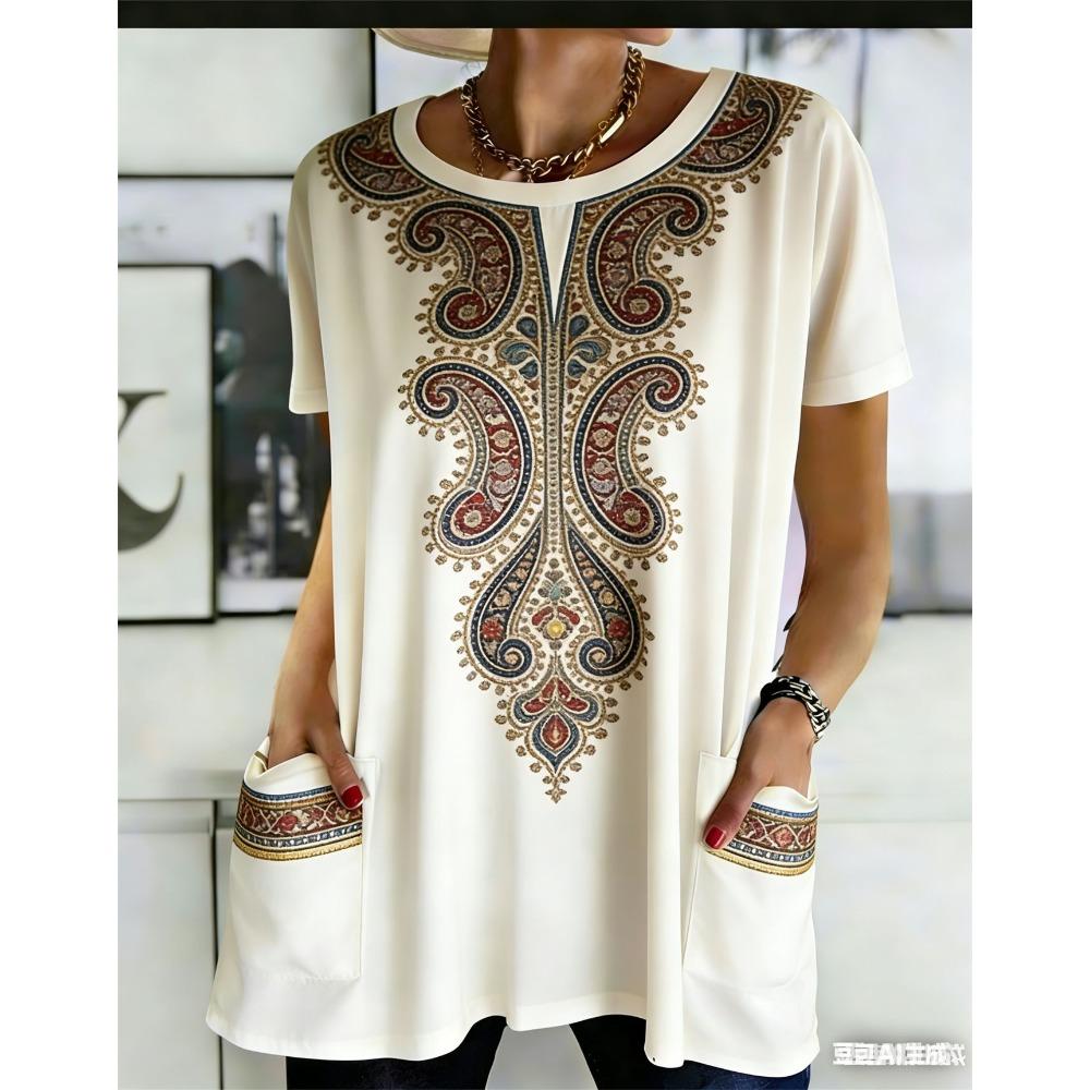 Women s Summer Short Sleeved T-shirt, 3D Printed Pocket T-shirt, Casual Plus Size T-shirt S