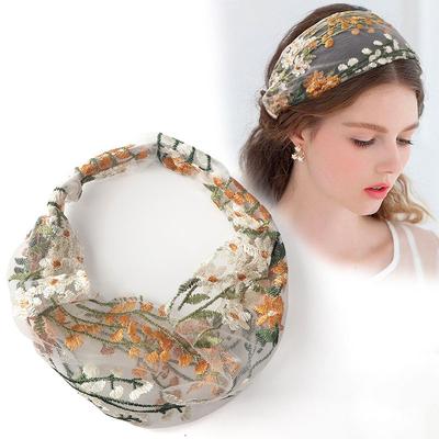 Damen Ethno-Haarbänder Elastische Stickerei Spitze Blume Stirnband Chiffon Kopftuch Lünette für Frauen Geknotete Haaraccessoires