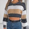 Autumn Winter Vintage Stripe Print Loose Cardigan Sweater Long Sleeve O Neck Knitwear