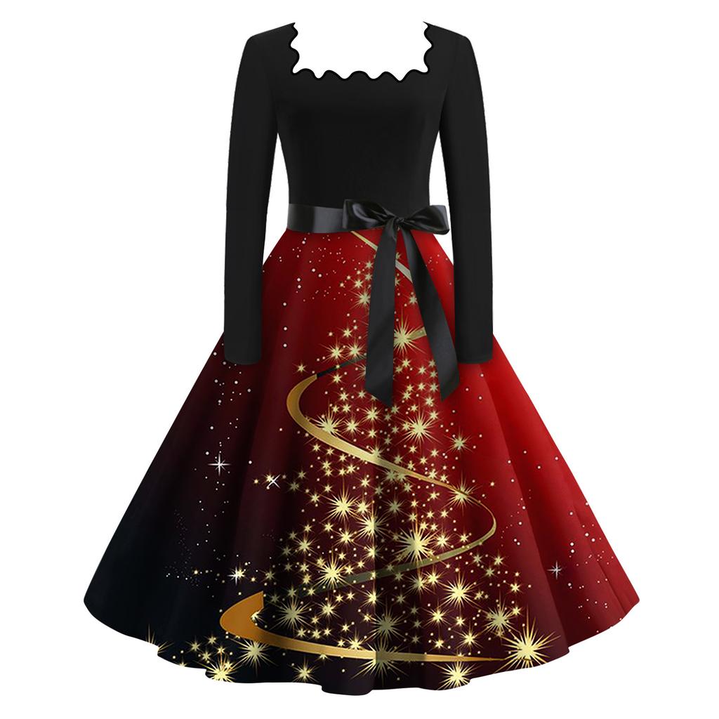 Women's Fashion Square Neck Casual Slim Christmas Printed Long Sleeve Dresses