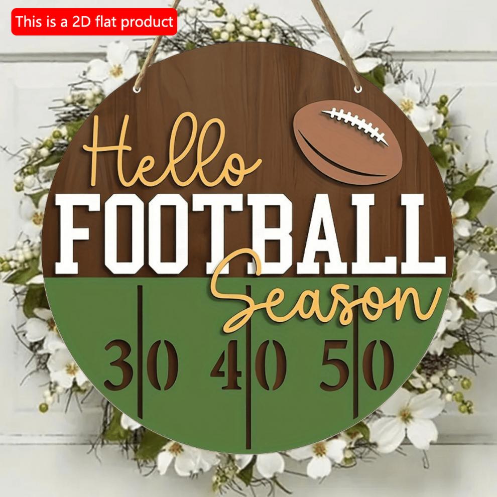 2D Flat 20cm1pc Hello Football Season Round Wooden Wall Hanging Decor -Retro football sport Vintage Wooden Pendant, Good blessing atmosphere Home