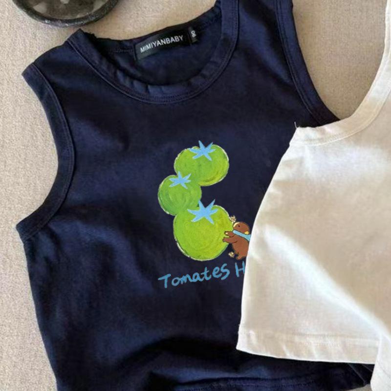 Kids Summer Cotton Sleeveless Vest Cartoon Tomato Print Round Neck Unisex Baby Top