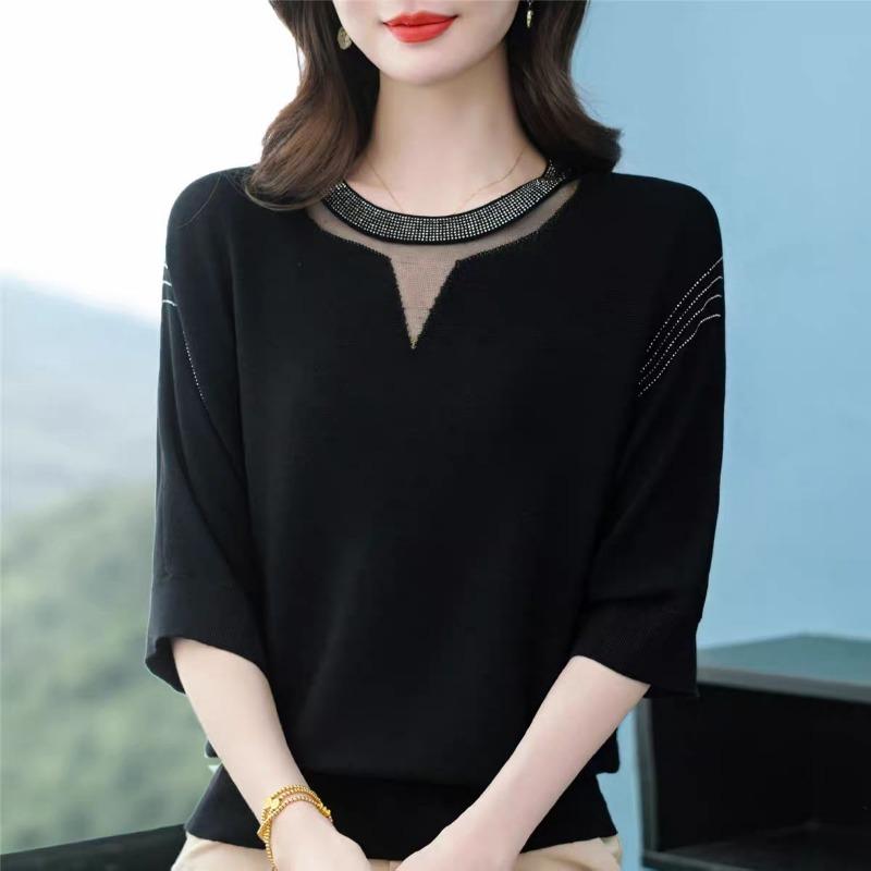 New Ice Silk Knitted Sweater with Medium Sleeves Loose Large Size Middle-aged and Elderly Women's Spring and Summer Style Top