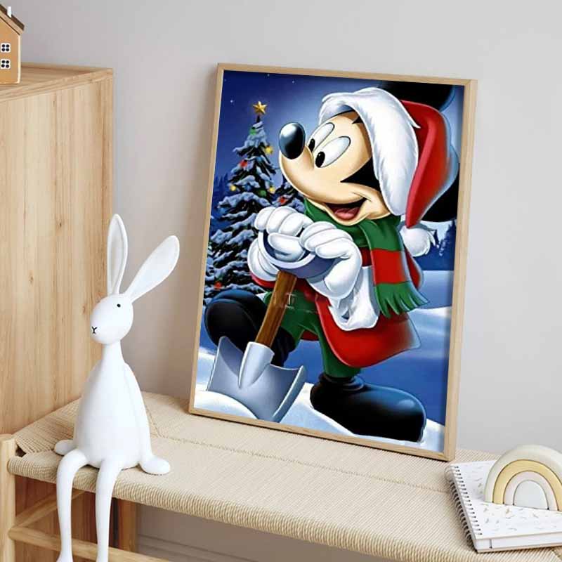 Disney Diamond Painting Mickey Mouse Christmas Snow Shoveling Healing Illustration, 5D Diamond Painting Art Embroidery Cross Stitch Room Decoration