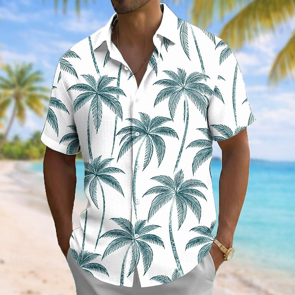Men's Coconut Tree Tropical Hawaiian Shirt, Short Sleeve Lapel 3D Print Button Up Beach Shirt