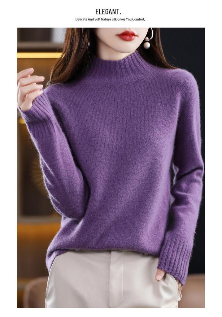 Women's Pure Wool Half-High Neck Slim Fit Sweater for Autumn/Winter