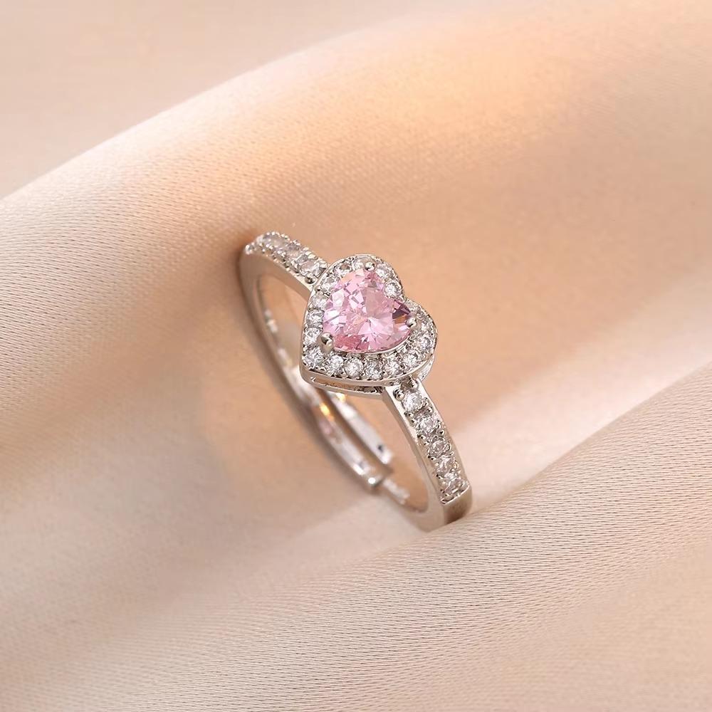 Charm Fashion Pink Heart Zircon Rings for Women Luxury Silver Color Stainless Steel Crystal Necklace Jewelry Set Gift Colorfast